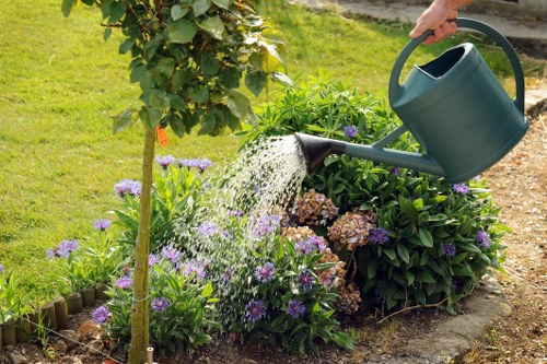 Maintenance crew tending to shrubs and lawn in a residential garden